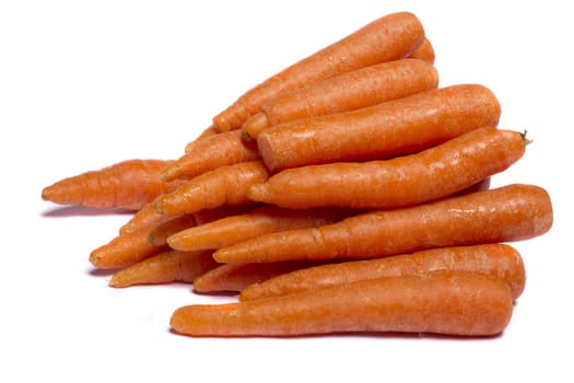 Close up view of a bunch of carrots isolated on a white background.