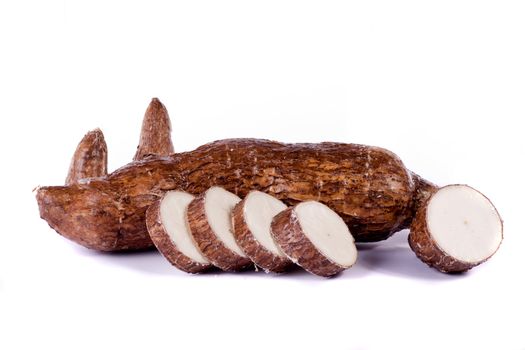 Close up view of the cassava root isolated on a white background.