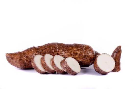 Close up view of the cassava root isolated on a white background.