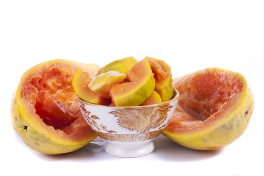 Close up view of papaya fruit sliced presented on a bowl. 