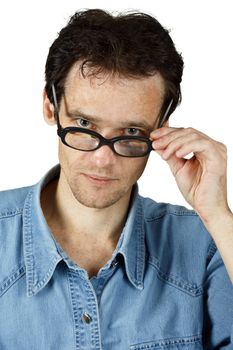 Young disheveled man in glasses isolated on white