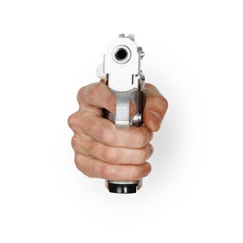 Hand aiming a pistol on a white background