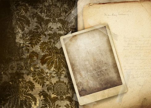 Vintage floral background with old papers and photo
