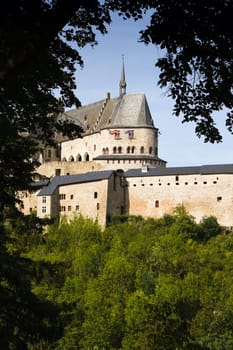 Vianden, Medieval castle on the mountain in Luxembourg or Letzebuerg, view through the trees - vertical image