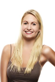 portrait of a happy beautiful blonde woman on white background