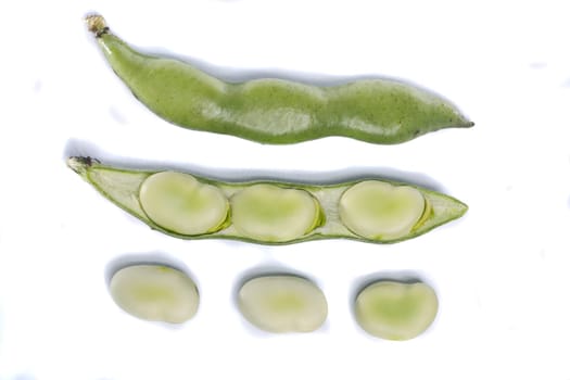 Close up view of some broad beans isolated on a white background.