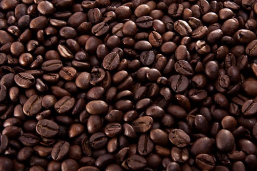 Close up view of a bunch of roasted beans of coffee.