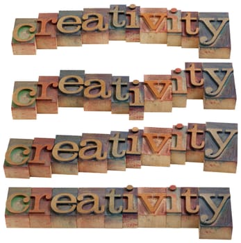 creativity - word in vintage wooden letterpress printing blocks, isolated on white, four layouts