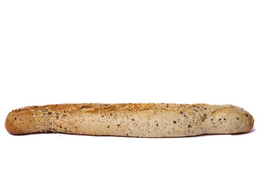 Close view of a baguette bread  isolated on a white background.