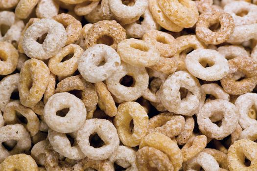 Close up view of many donut shaped cereals on a bowl.