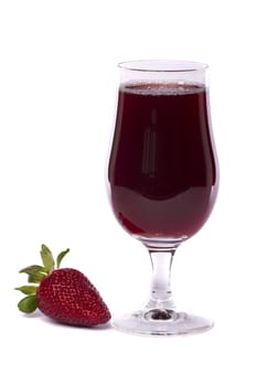 Close view of a glass of strawberry juice isolated on a white background.