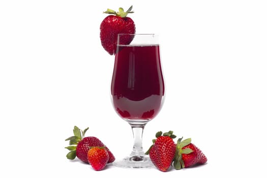 Close view of a glass of strawberry juice isolated on a white background.