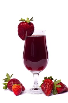 Close view of a glass of strawberry juice isolated on a white background.