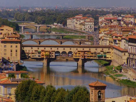 perspective of bridges over river Arno in Florence