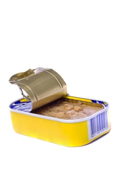 Close view of tuna tin can isolated on a white background.