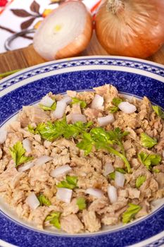 View of a meal of tuna with onion and parsley. 