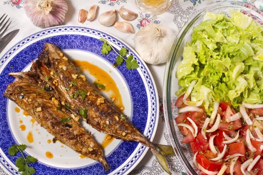 Close up view of a Portuguese meal of Wahoo grilled fish with annatto sauce and Mediterranean salad.  