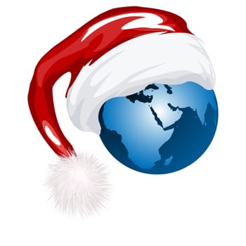 Earth globe with Santa hat against white background