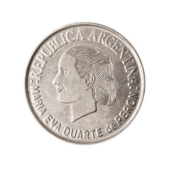 Coin from argentina, showing the face of famous political leader Eva Peron, AKA Evita. Clipping path supplied.