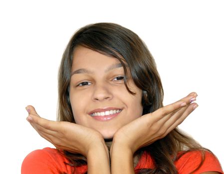 portrait of cheerful long-haired caucasian teenage girl isolated over white background