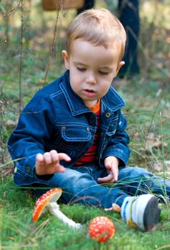 Cute boy and mushrooms in a forest