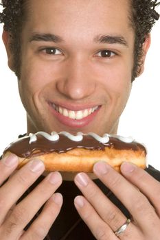 Smiling man holding chocolate donut