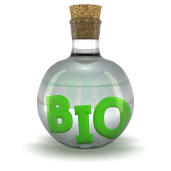 Green word BIO in the bottle with organic liquid