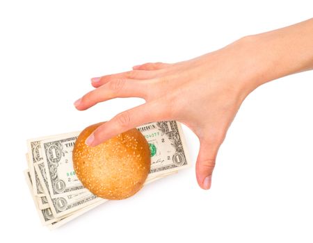 Hand stealing a money-stuffed burger, isolated on the white background