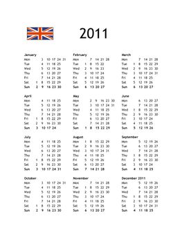English calendar of year 2011 - black text on white background