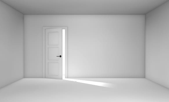 Ajar door in empty white room. Three-dimensional objects.