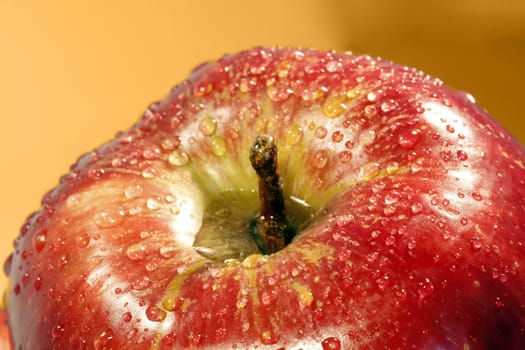 Macro shot of a red apple with drops of water.