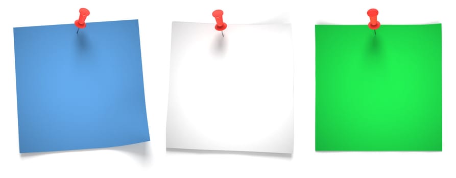 Three multicolored note papers attached with red pins