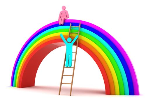 Boy climbing to the girl on a rainbow. 3d objects isolated on the white background.