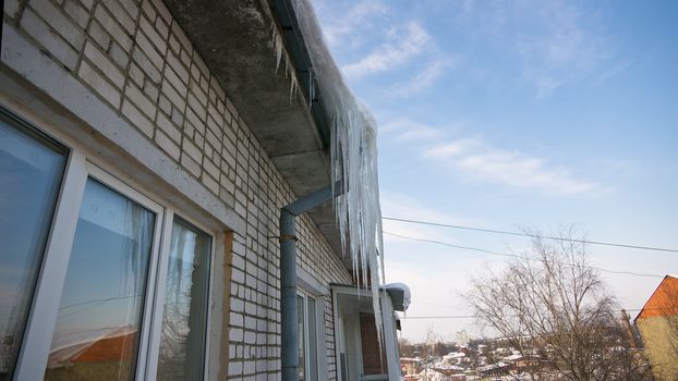 Thick icicles frozen on a water pipe on a roof