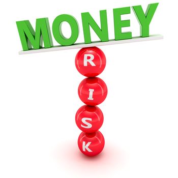 Unstable construction of green word "Money" on the red spheres with word  "Risk"