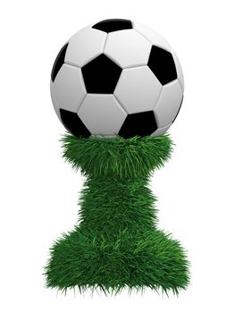 Soccer ball trophy on green grass pedestal isolated on white. High resolution 3D image