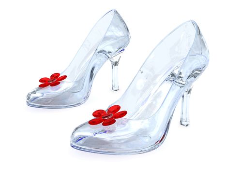 Crystal women's shoes with high heels and red flowers on white background. High resolution 3D image