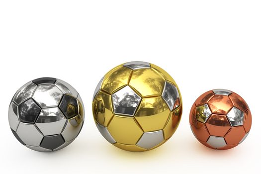 Golden, silver and bronze soccer balls on white background. High resolution 3D image rendered with soft shadows.
