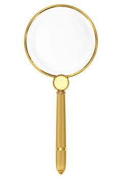 Golden magnifying glass isolated on white. High resolution 3D image