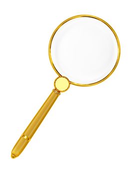 Golden magnifying glass isolated on white. High resolution 3D image