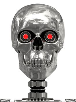 Metallic cyborg head with red eyes isolated on white. high resolution 3D image.