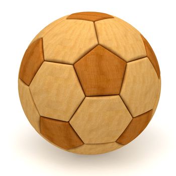 Wooden soccer ball on white background. High resolution 3D image rendered with soft shadows.