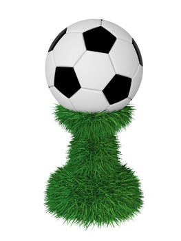 Soccer ball trophy on green grass pedestal isolated on white. High resolution 3D image