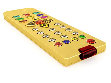 Golden universal remote control with colorful gems buttons on white. Top view. High resolution 3D image