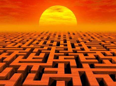 Labyrinth at sunset. High resolution 3D image