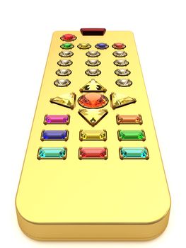 Golden universal remote control with colorful gems buttons on white. High resolution 3D image