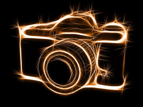 Abstract sparkling silhouette of photocamera. High resolution 3D image