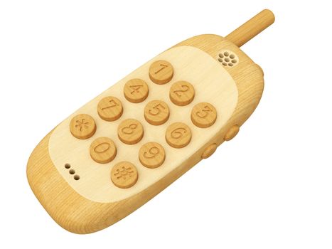 Wooden mobile phone isolated on white background. High resolution 3D image.