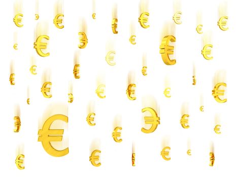 Falling gold euro symbols on white background. High resolution 3D image