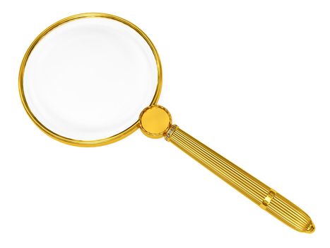 Golden magnifying glass isolated on white. High resolution 3D image
